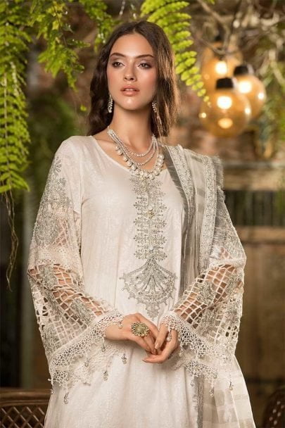 MARIA B Unstitched Eid Lawn 2019 D-607-White