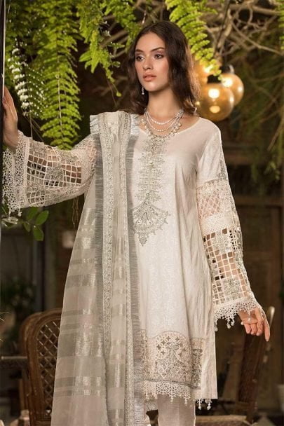 MARIA B Unstitched Eid Lawn 2019 D-607-White