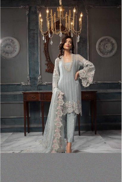 Aayra Luxury Embroidered Chiffon Unstitched 3pcs Suit 2019 ACV319 D4 Sky Blue