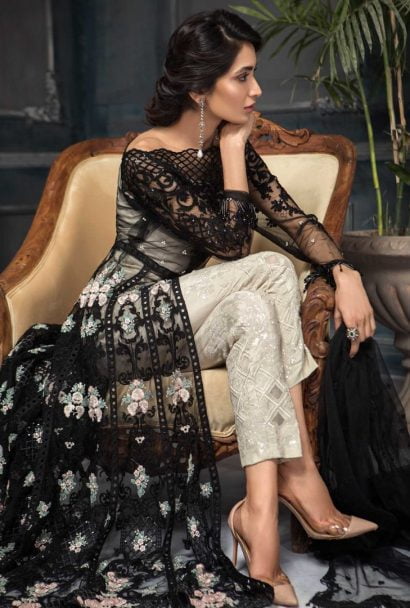 Aayra Luxury Embroidered Net Unstitched 3pcs Suit 2019 ACV319 D5 Black