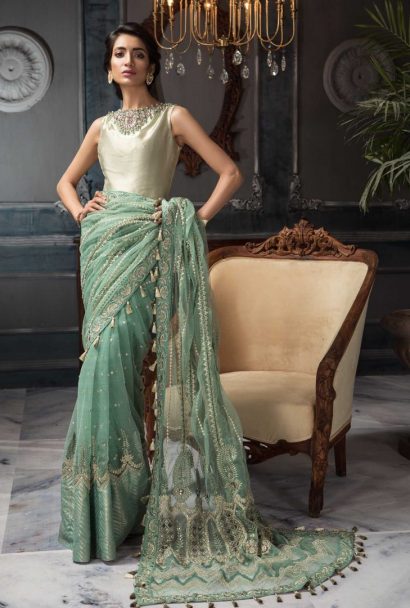 Aayra Luxury Embroidered Net Unstitched 3pcs Saree 2019 ACV319 D7 Pistachio