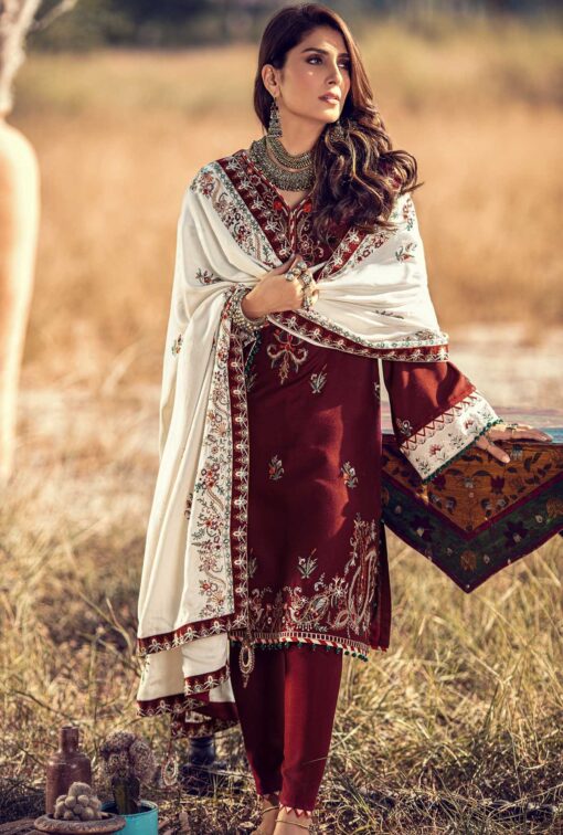 Noor by Sadia Asad Linen Unstitched 3 Piece Suit NSASC20 D2 Rosewood - Winter Collection