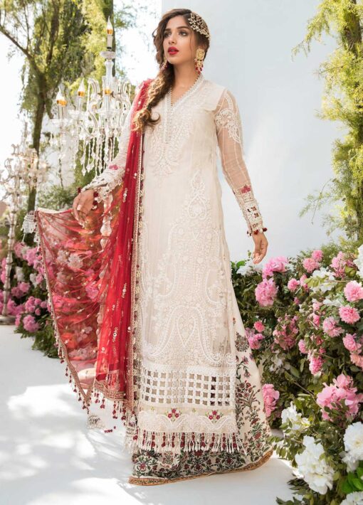 Maria B Mbroidered Organza Unstitched 3 Piece Suit 2021 BD 2103 Off White and Deep Red - Eid Collection