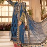 Maria B Mbroidered Organza Unstitched 3 Piece Suit 2021 BD 2104 Blue Olive green with deep Coral Pink - Eid Collection