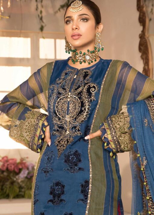 Maria B Mbroidered Organza Unstitched 3 Piece Suit 2021 BD 2104 Blue Olive green with deep Coral Pink - Eid Collection