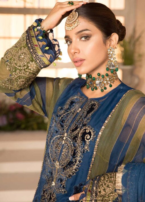 Maria B Mbroidered Organza Unstitched 3 Piece Suit 2021 BD 2104 Blue Olive green with deep Coral Pink - Eid Collection