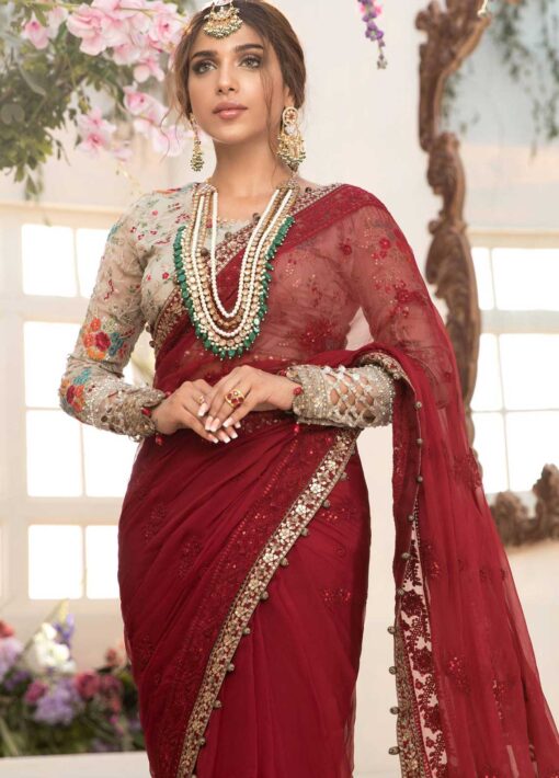 Maria B Mbroidered Chiffon Unstitched Saree 2021 BD 2107 Deep red and Beige - Eid Collection