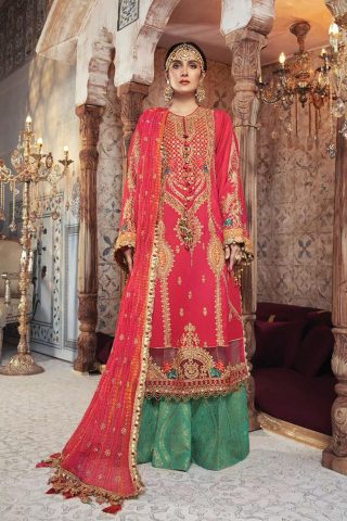 Mbroidered By Maria B Embroidered Raw Silk Suit Unstitched 3 Piece D2 Aqua and Salmon pink - Wedding Collection