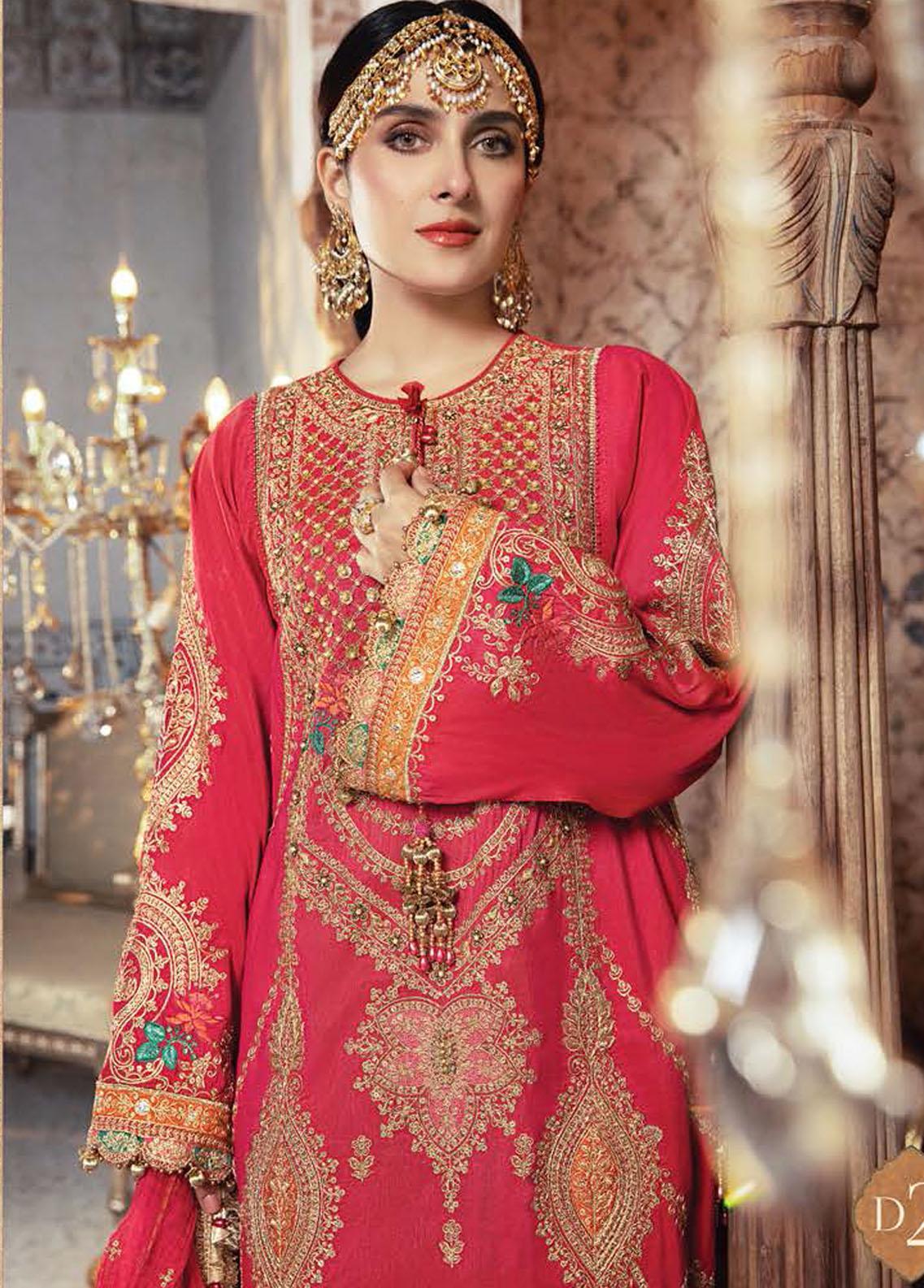 Mbroidered By Maria B Embroidered Raw Silk Suit Unstitched 3 Piece D2 Aqua and Salmon pink - Wedding Collection