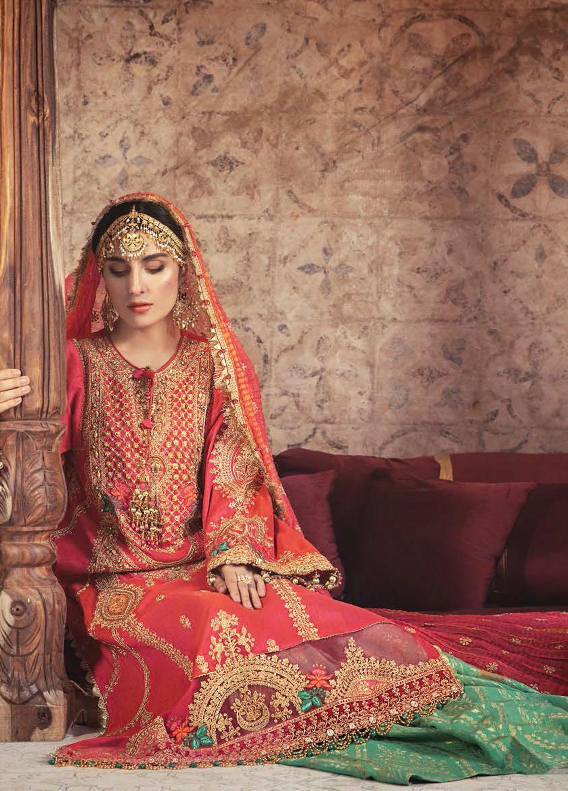 Mbroidered By Maria B Embroidered Raw Silk Suit Unstitched 3 Piece D2 Aqua and Salmon pink - Wedding Collection