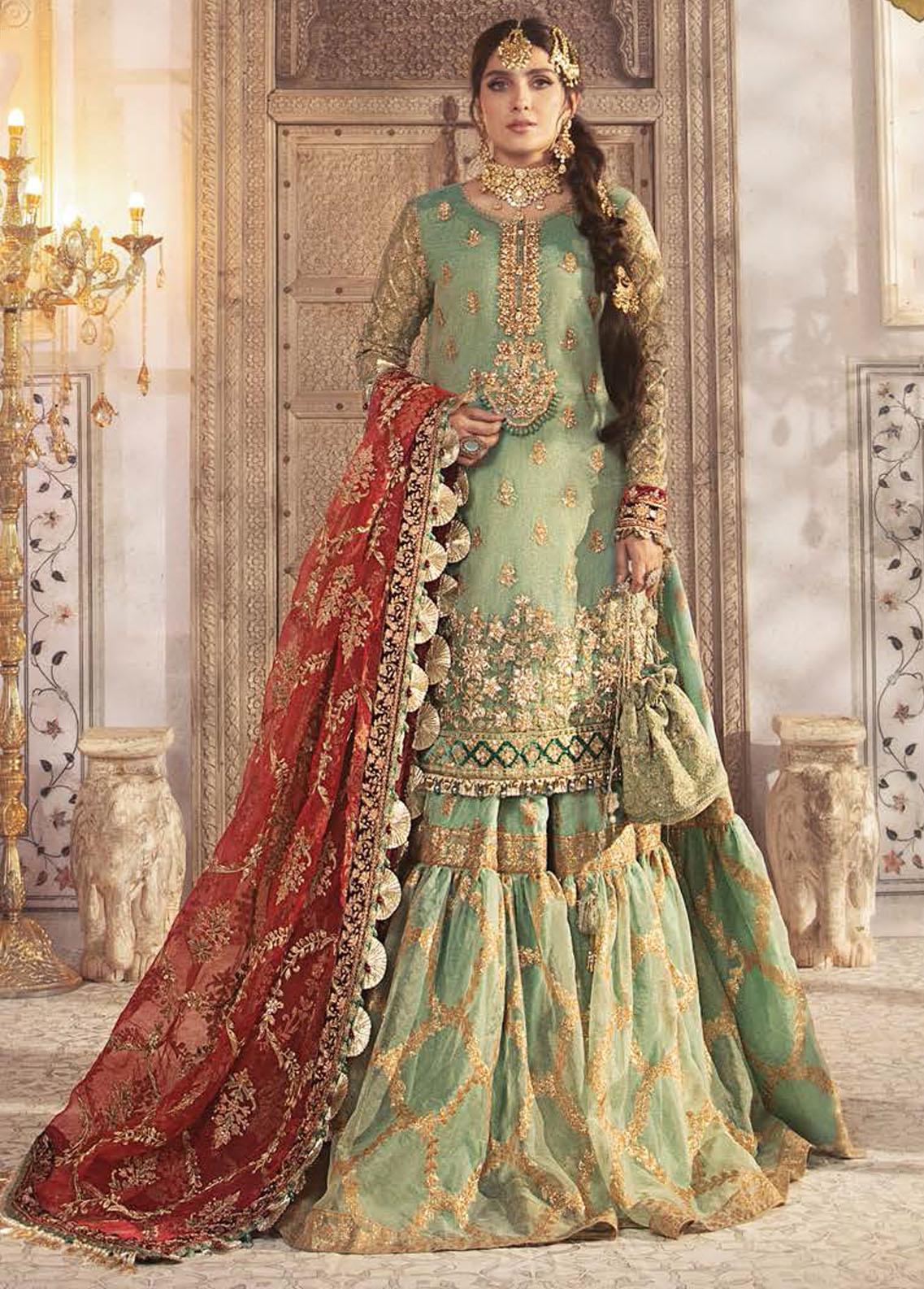 Mbroidered By Maria B Embroidered Cotton Zari Net Suit Unstitched 3 Piece D3 Coral in Sea green - Wedding Collection