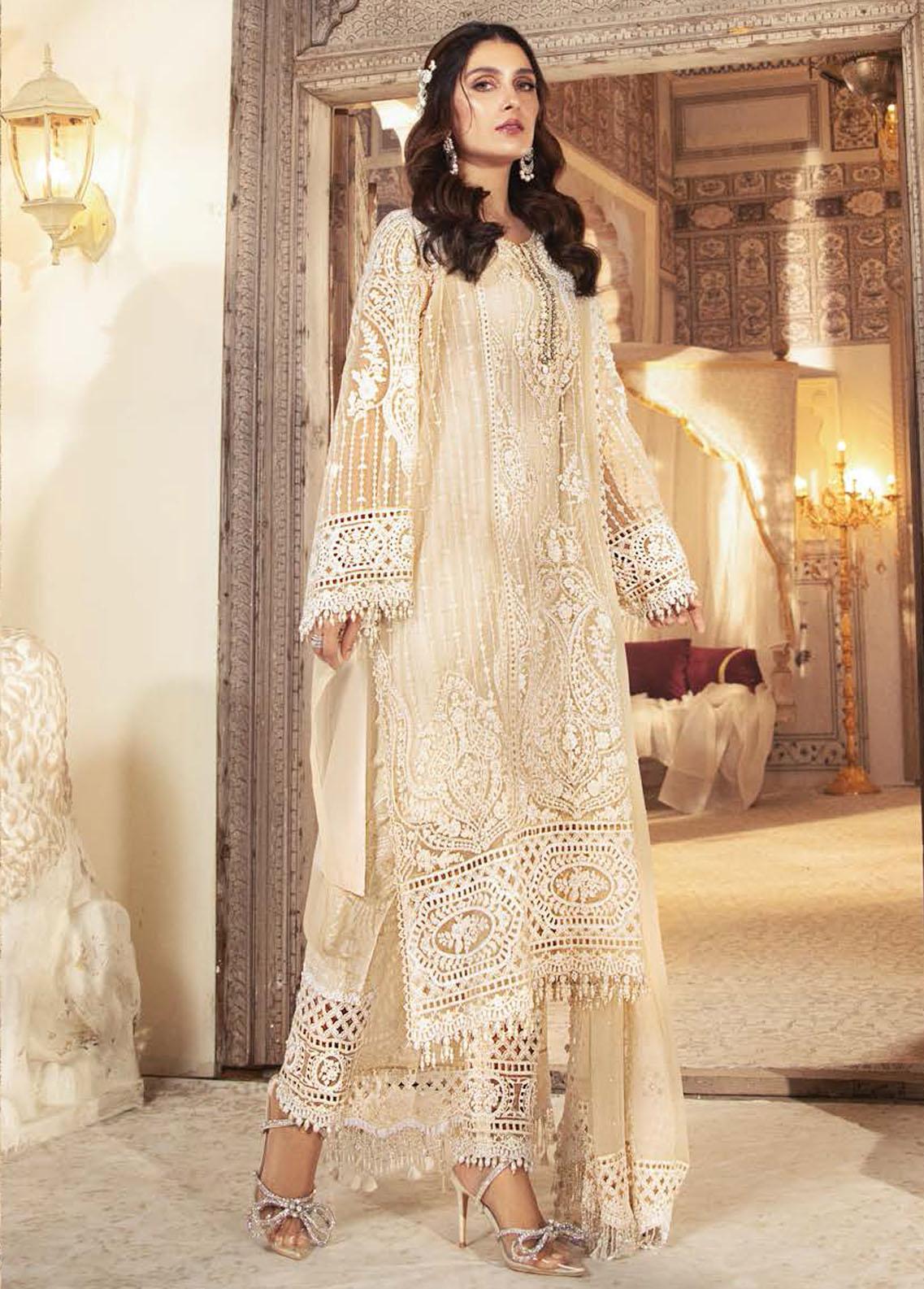 Mbroidered By Maria B Embroidered Organza Suit Unstitched 3 Piece D4 Pearl White - Wedding Collection