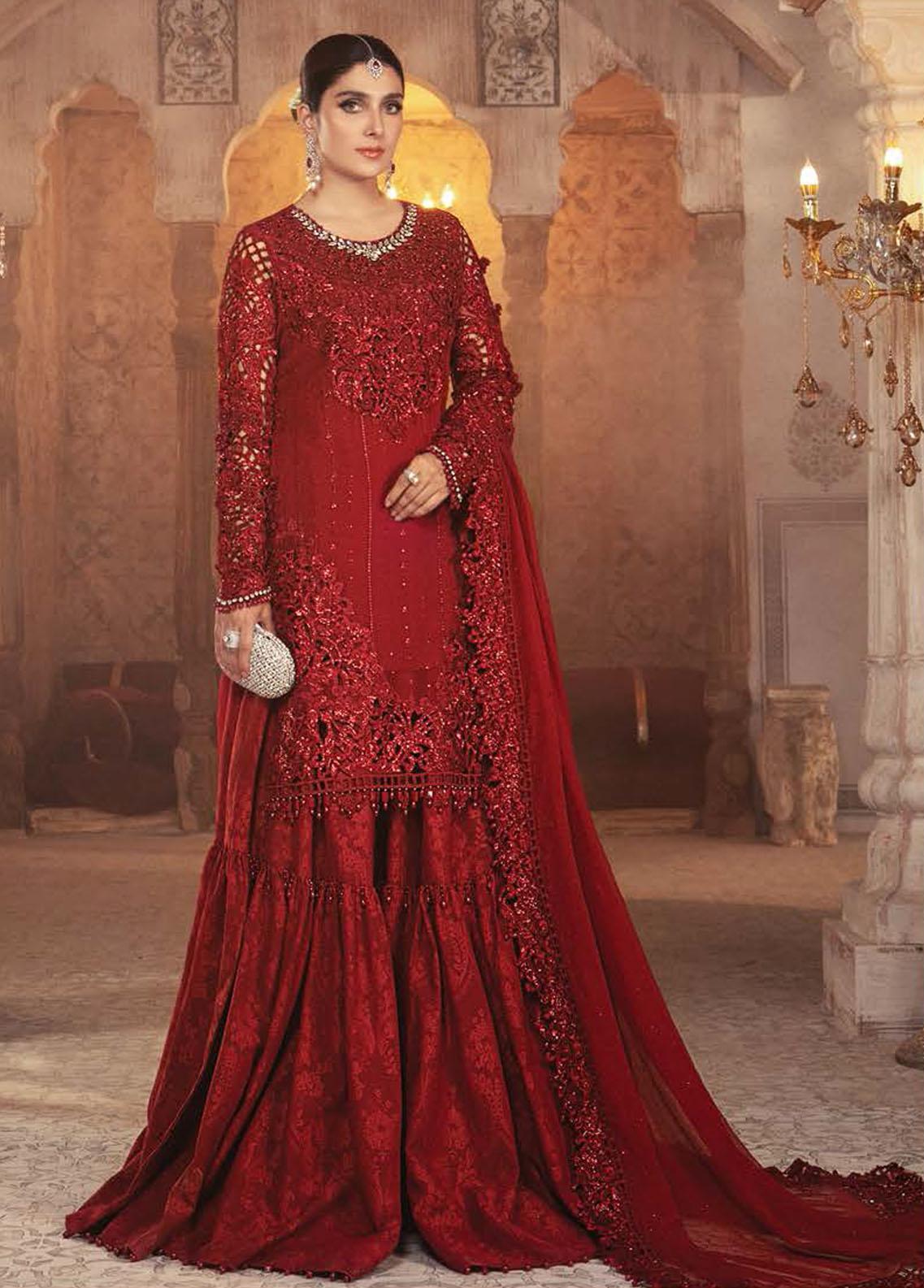 Mbroidered By Maria B Embroidered Chiffon Suit Unstitched 3 Piece D5 Ruby Red - Wedding Collection
