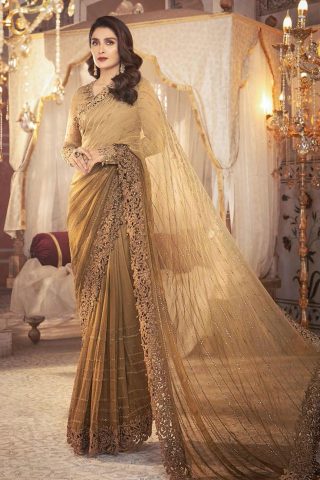 Mbroidered By Maria B Embroidered Chiffon Saree Unstitched 3 Piece D6 Chocolate Cappuccino - Wedding Collection