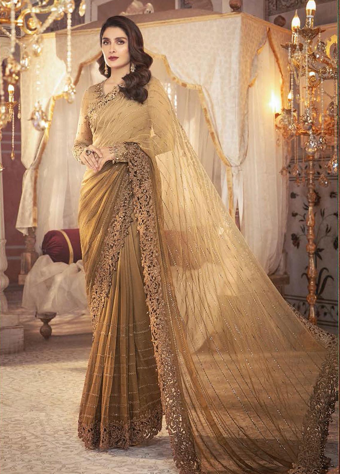 Mbroidered By Maria B Embroidered Chiffon Saree Unstitched 3 Piece D6 Chocolate Cappuccino – Wedding Collection