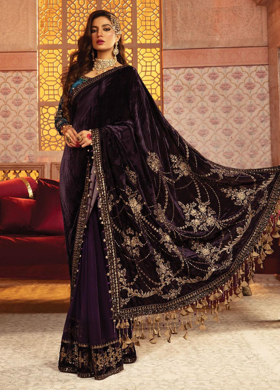 Maria B Embroidered Velvet Saree Unstitched 3 Piece MBVC21 D1 - Winter Collection