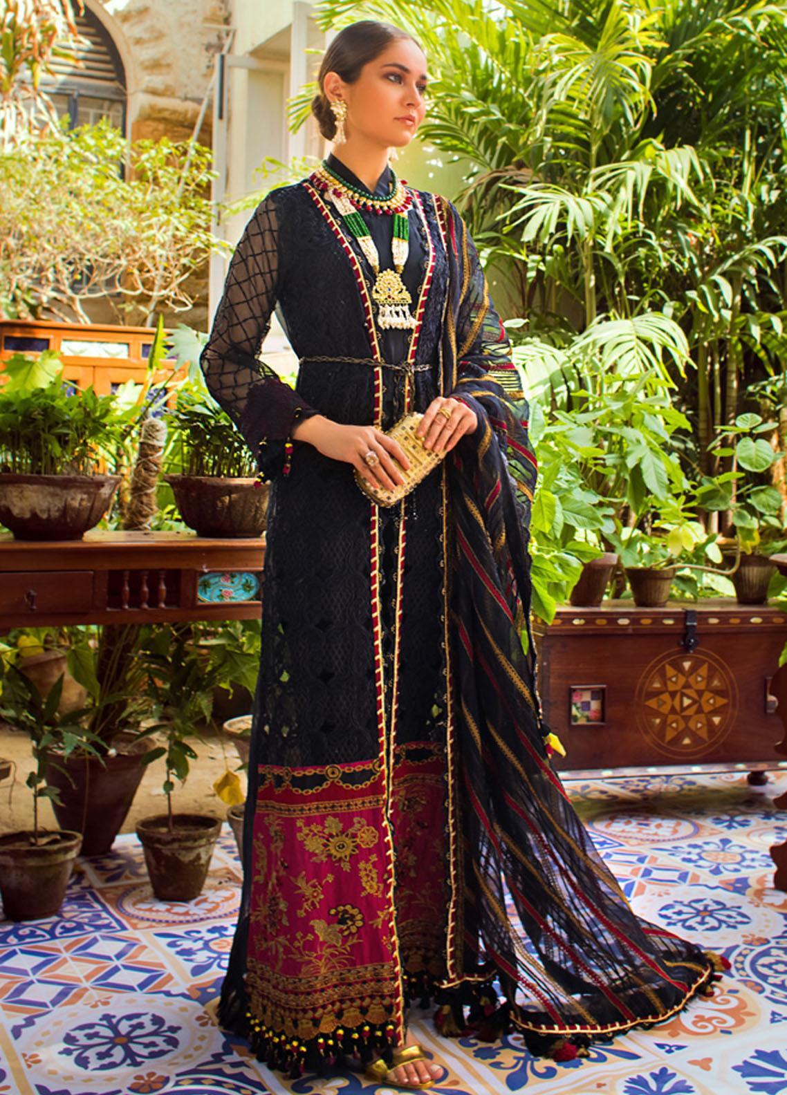 Al Zohaib Embroidered Organza Suit Unstitched 3 Piece 06 Ebony - Wedding Formals