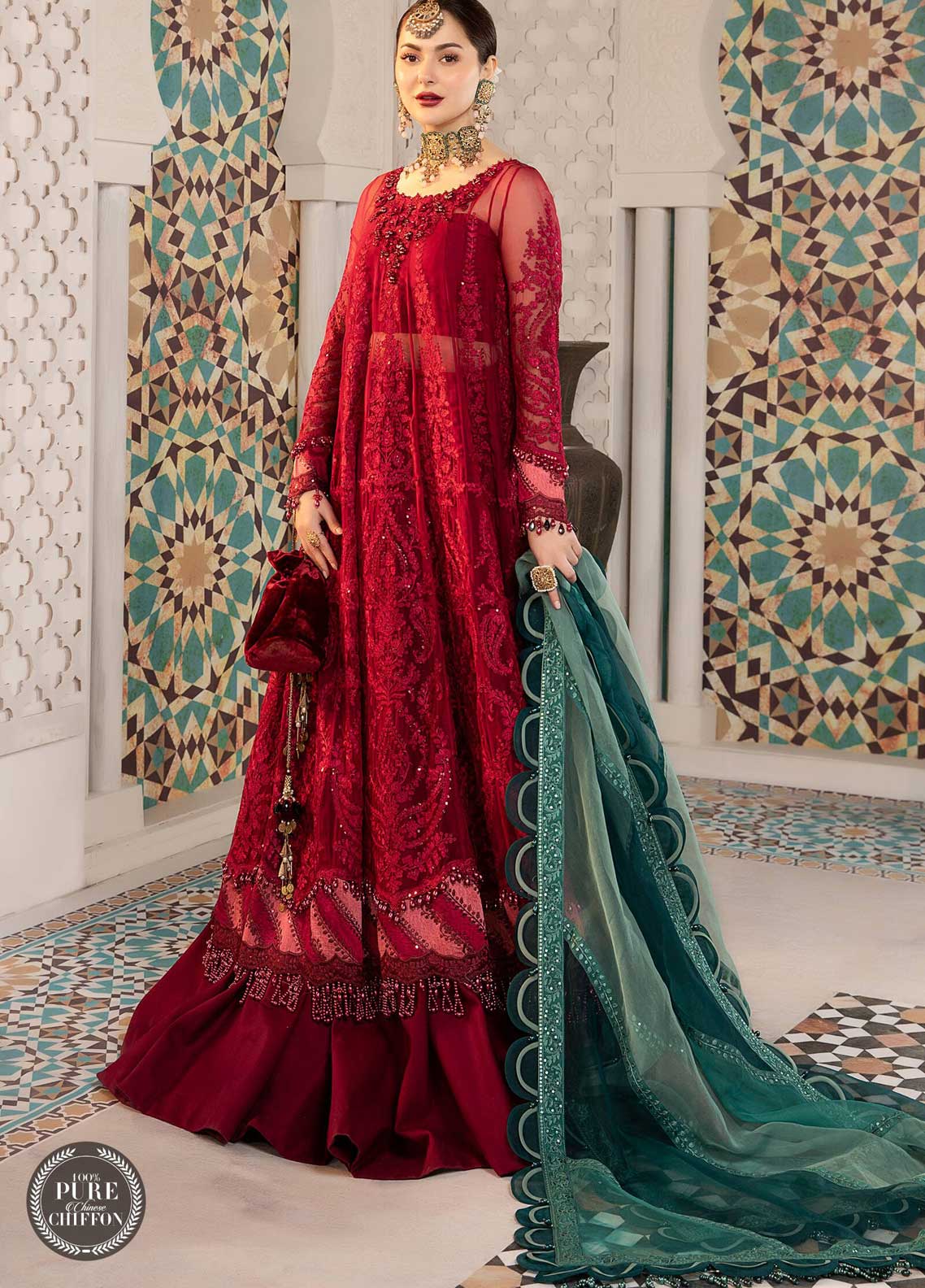 Maria B Embroidered Chiffon Suit Unstitched 3 Piece 02 Cherry red with Shades of Teal MBCE22 – Eid Collection