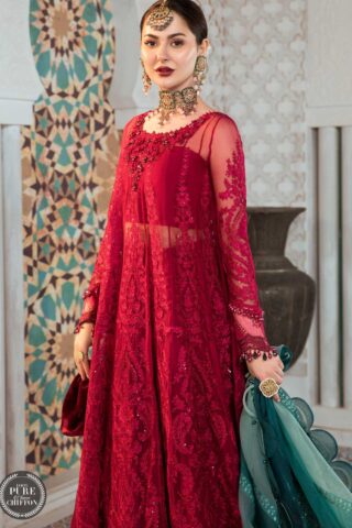 Maria B Embroidered Chiffon Suit Unstitched 3 Piece 02 Cherry red with Shades of Teal MBCE22 - Eid Collection