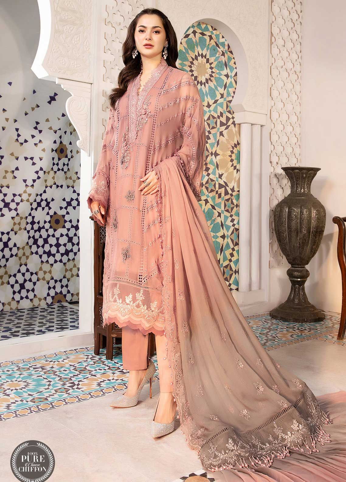 Maria B Embroidered Chiffon Suit Unstitched 3 Piece 04 Ash pink and Grey MBCE22 - Eid Collection