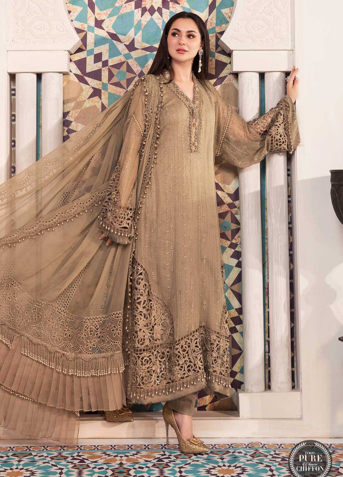 Maria B Embroidered Chiffon Suit Unstitched 3 Piece 05 Coffee MBCE22 - Eid Collection