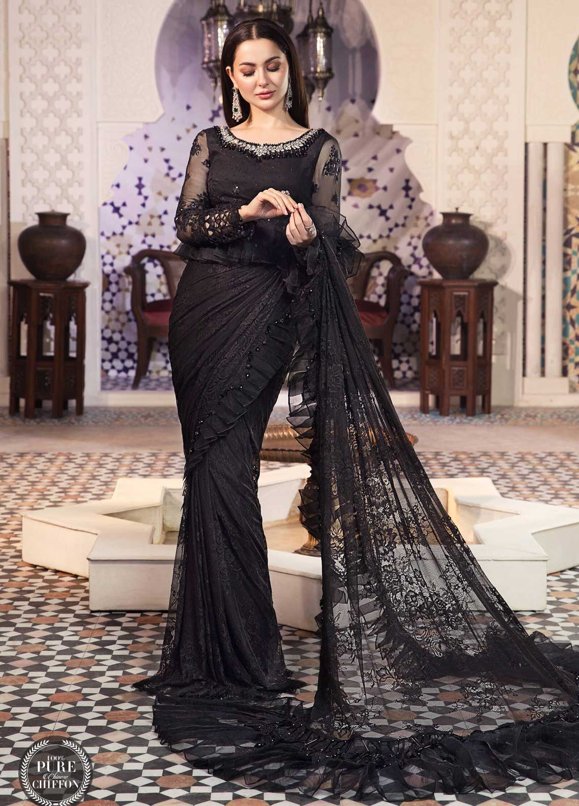 Maria B Embroidered Chiffon Suit Unstitched 3 Piece 06 Black MBCE22 - Eid Collection