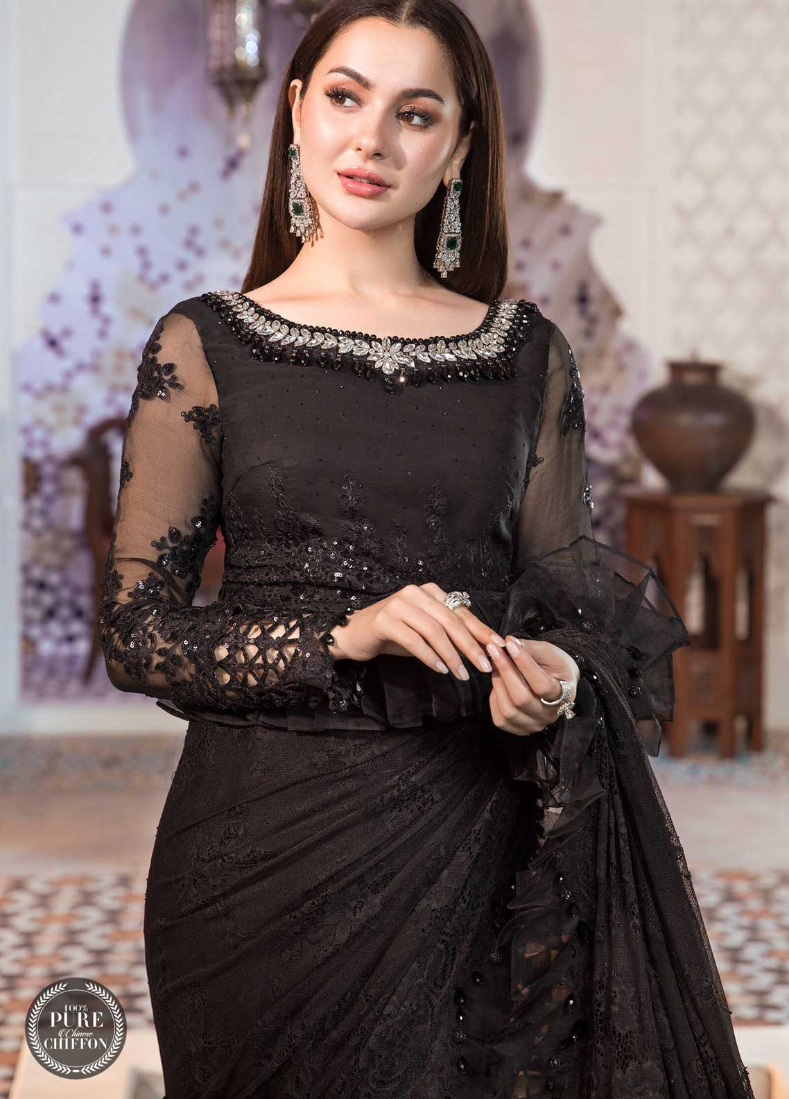 Maria B Embroidered Chiffon Suit Unstitched 3 Piece 06 Black MBCE22 - Eid Collection