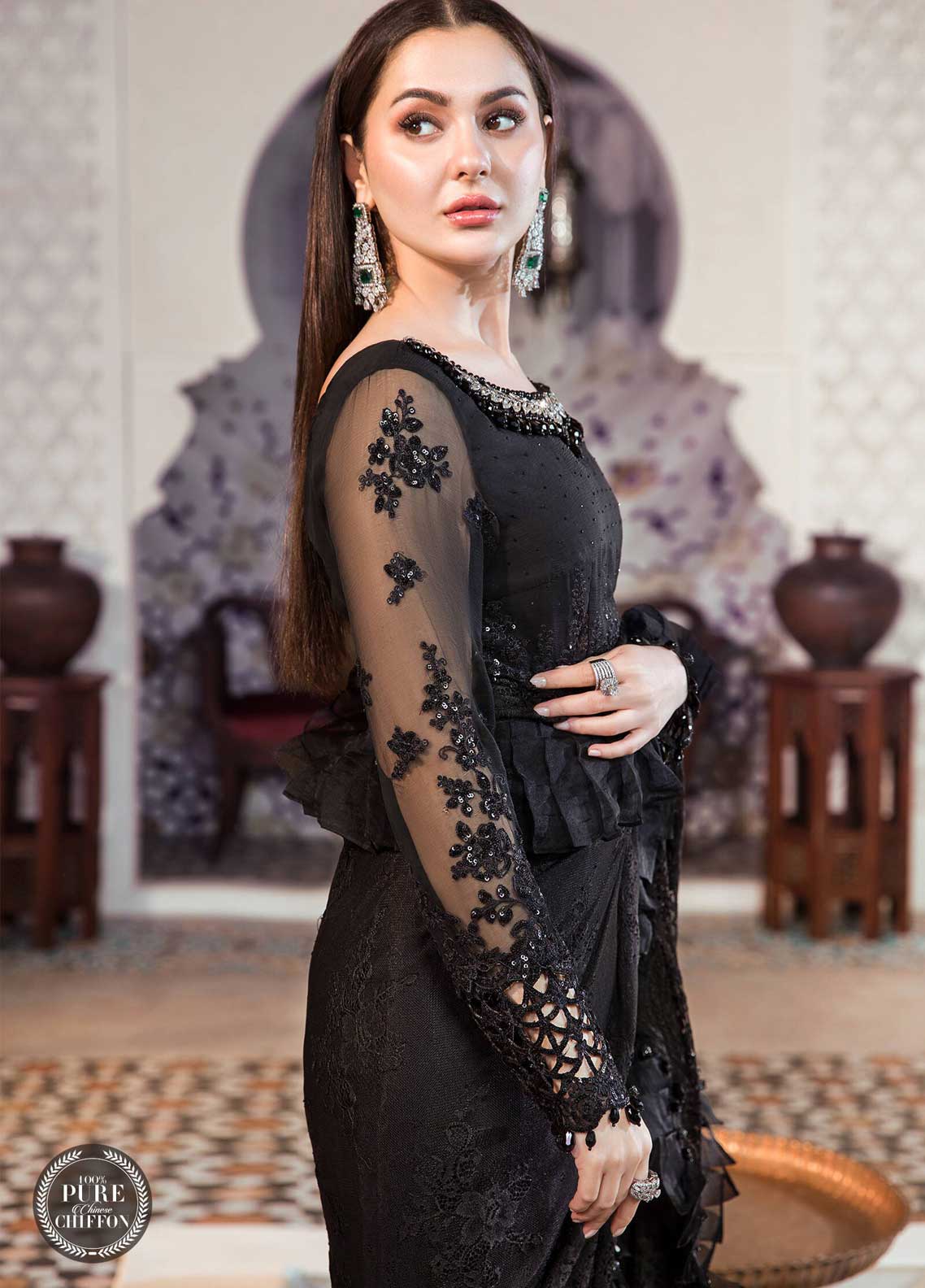 Maria B Embroidered Chiffon Suit Unstitched 3 Piece 06 Black MBCE22 – Eid Collection