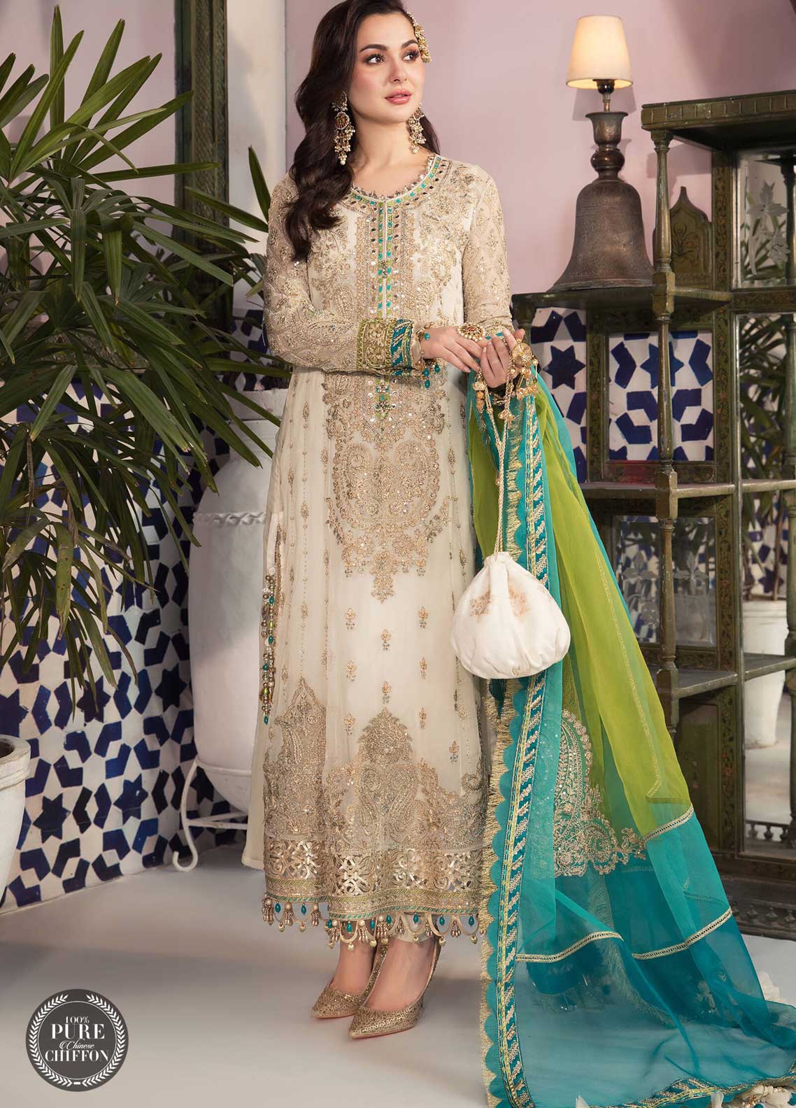 Maria B Embroidered Chiffon Suit Unstitched 3 Piece 07 Cream and Ferozi MBCE22 - Eid Collection