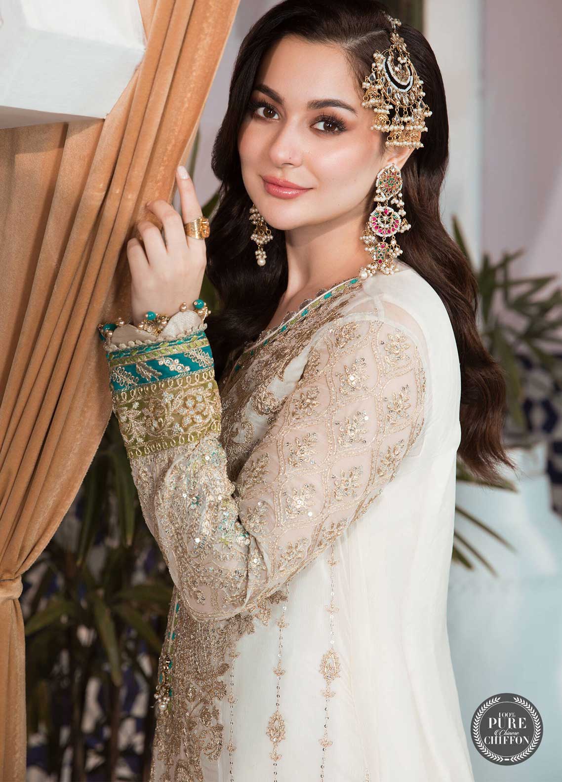 Maria B Embroidered Chiffon Suit Unstitched 3 Piece 07 Cream and Ferozi MBCE22 – Eid Collection