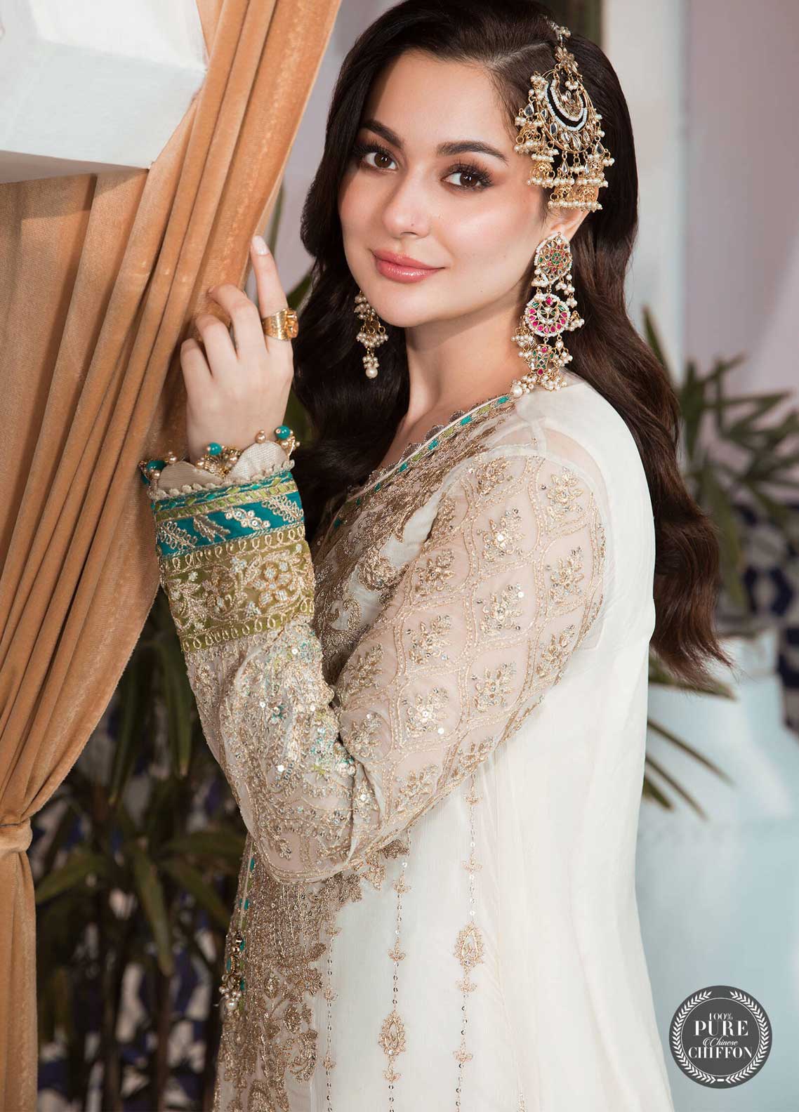 Maria B Embroidered Chiffon Suit Unstitched 3 Piece 07 Cream and Ferozi MBCE22 - Eid Collection
