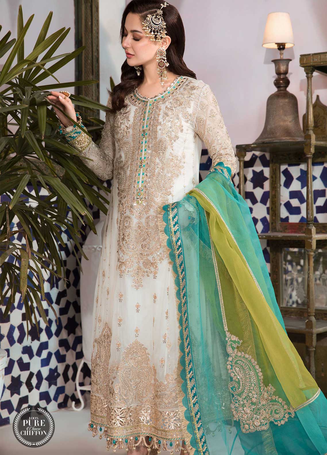 Maria B Embroidered Chiffon Suit Unstitched 3 Piece 07 Cream and Ferozi MBCE22 - Eid Collection