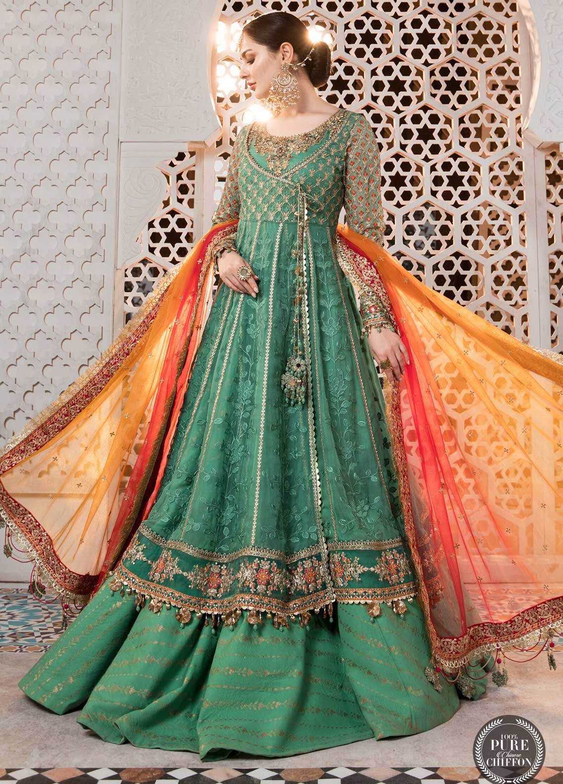 Maria B Embroidered Chiffon Suit Unstitched 3 Piece 08 Sea Green and Fuchsia Pink MBCE22 - Eid Collection