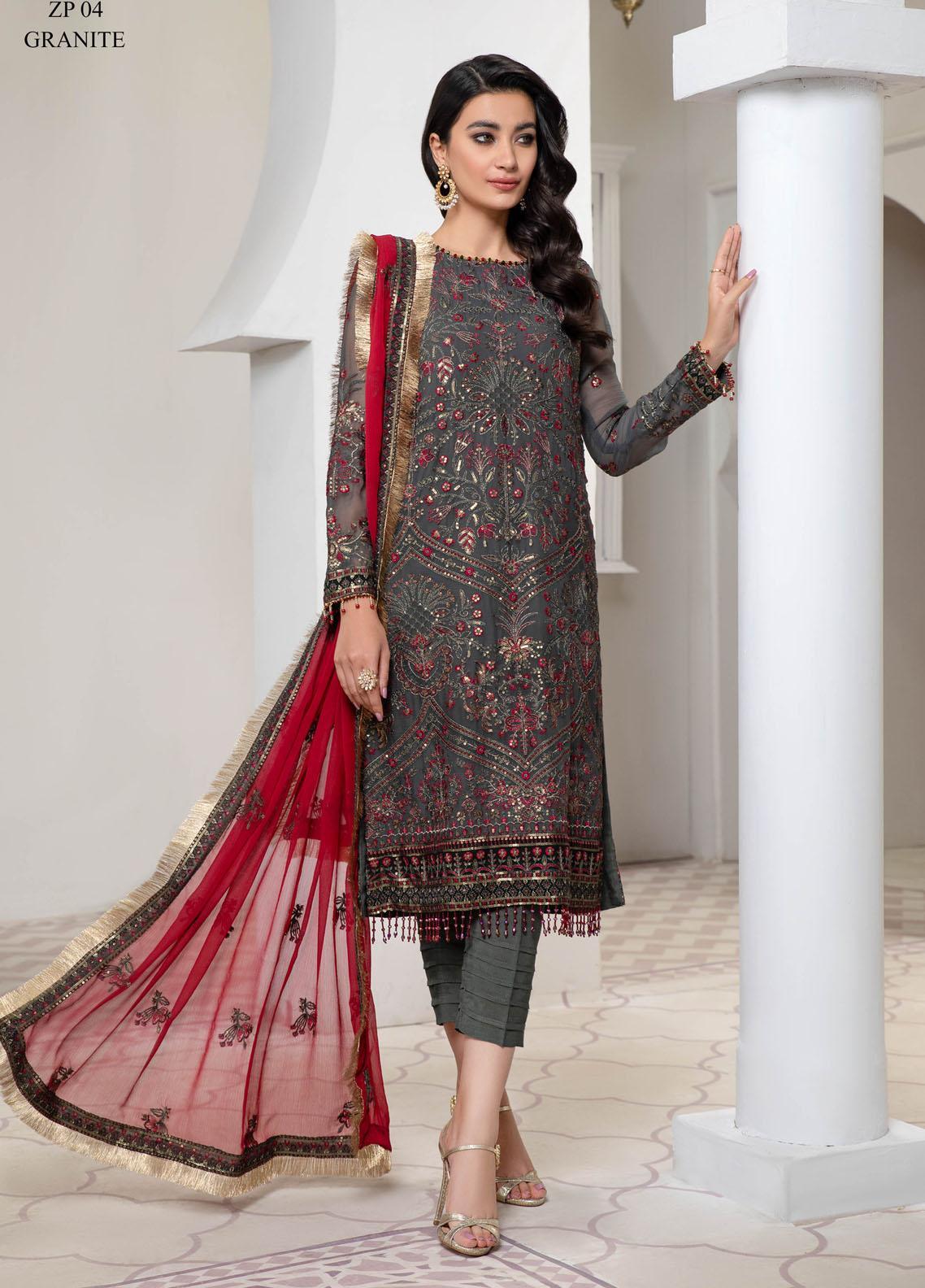 Pareesia by Zarif Embroidered Chiffon Suit Unstitched 3 Piece ZPC22-04 Granite - Luxury Collection