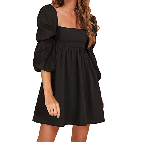 EXLURA Womens Square Neck Dress Long Puff Sleeve A-Line Casual Short Mini Dress Black