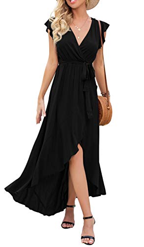 GRECERELLE Women\s Summer Casual Cross V Neck Dress Bohemian Flowy Long Maxi Dresses Black-Large