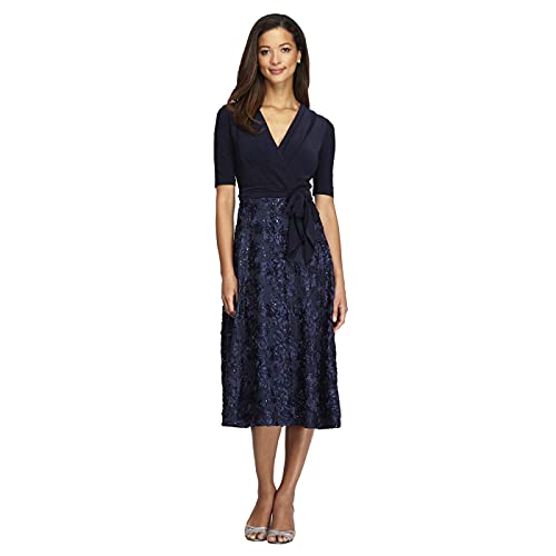Alex Evenings womens Tea Length With Rosette Detail (Petite and Regular) Special Occasion Dress, Navy Tie Front, 16 Petite US