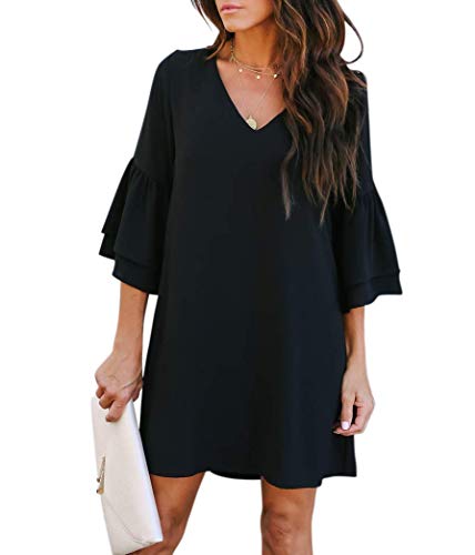 BELONGSCI Women\s Dress Sweet & Cute V-Neck Bell Sleeve Shift Dress Mini Dress (Black, XXL)