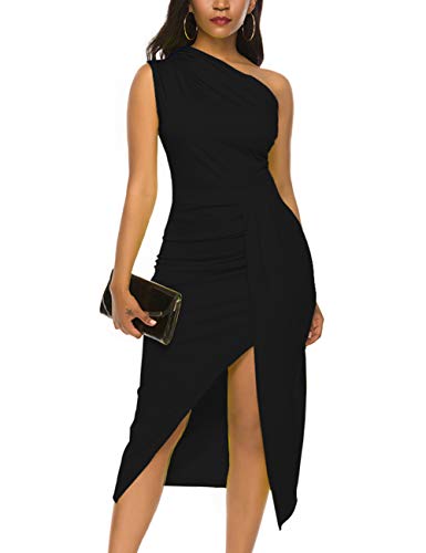 Nature Comfy LilyIn Womens Elegant one Shoulder Sleeveless Ruched High Slit Solid Color Cocktail Party Dresses (Classic Solid Black, Medium)