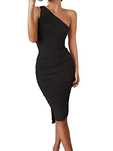 GEMEIQ Women’s Ruched One Shoulder Bodycon Midi Dress Sexy Sleeveless Cocktail Party Pencil Dresses Black L