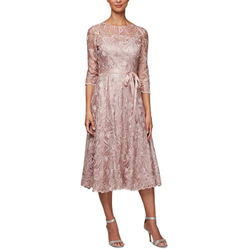 Alex Evenings Women\s Tea Length Embroidered Dress Illusion Sleeves (Petite Missy), Rose, 8