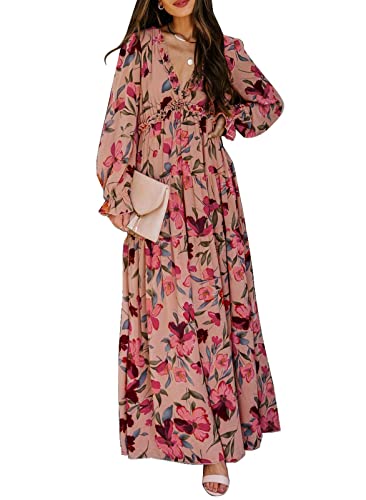 BLENCOT Womens Casual Floral Deep V Neck Long Sleeve Long Evening Dress Cocktail Party Maxi Wedding Dresses Floral Pattern Red Medium