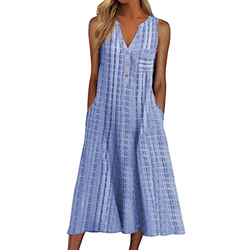 Women Casual Summer Stripe Button V Neck Sleeveless Pocket Long Dress Holiday Dress Floral Beach Party Sundress Midi Dress Blue