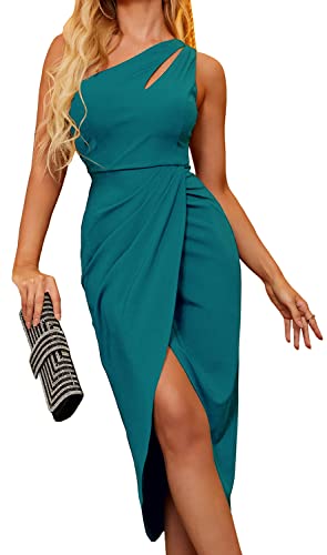 Zalalus Women\s Summer Sexy One Shoulder Cutout Ruched Bodycon Sleeveless Slit Party Dresses (Large, Blue)
