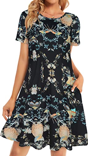 elescat Women\s Summer Casual T Shirt Dresses Plus Size Loose Short Sleeve Bohemian Swing Sundresses with Pockets(Black Crane)