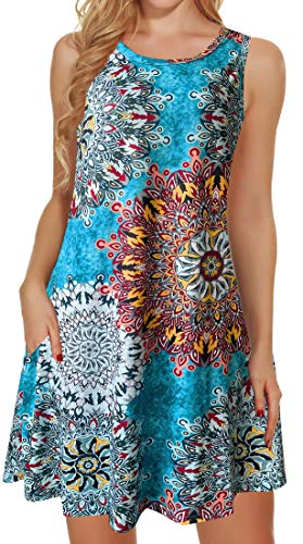 Boho Tshirt Dresses for Women Beach Casual Sleeveless Floral Shift Pockets Swing Loose (L,Bohemian Light Blue)