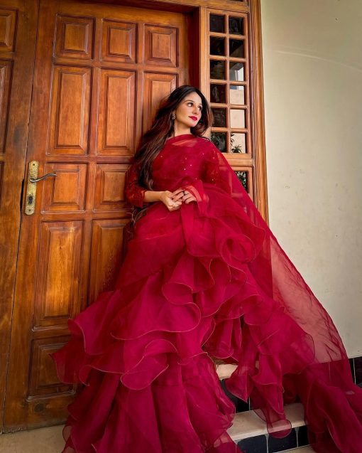 Apnibazar Exclusive Elegant Maroon Organza Ruffle Saree with Sequin Net Blouse Stitched