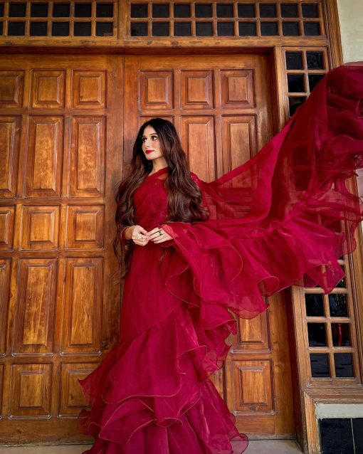 Apnibazar Exclusive Elegant Maroon Organza Ruffle Saree with Sequin Net Blouse Stitched