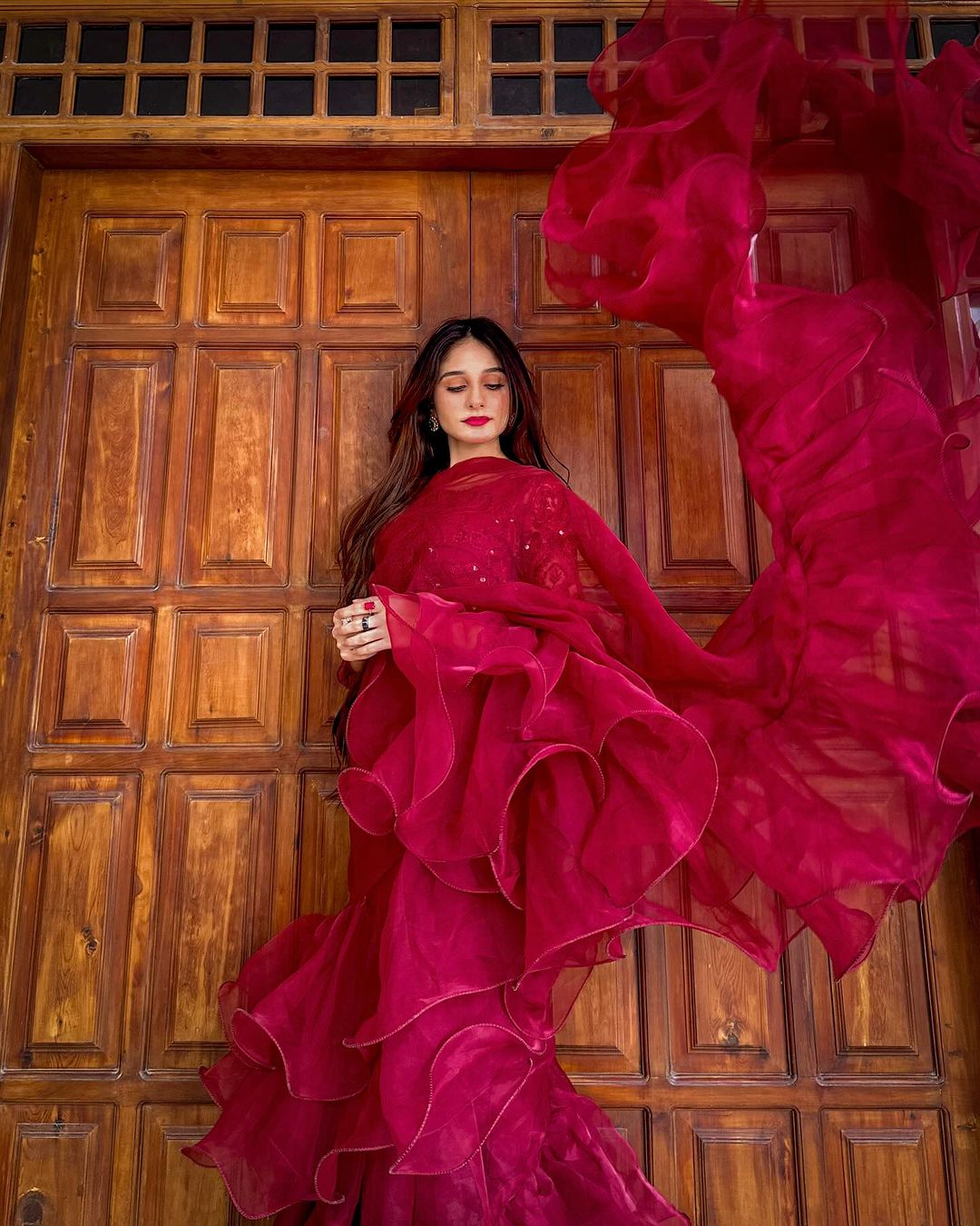 Apnibazar Exclusive Elegant Maroon Organza Ruffle Saree with Sequin Net Blouse Stitched